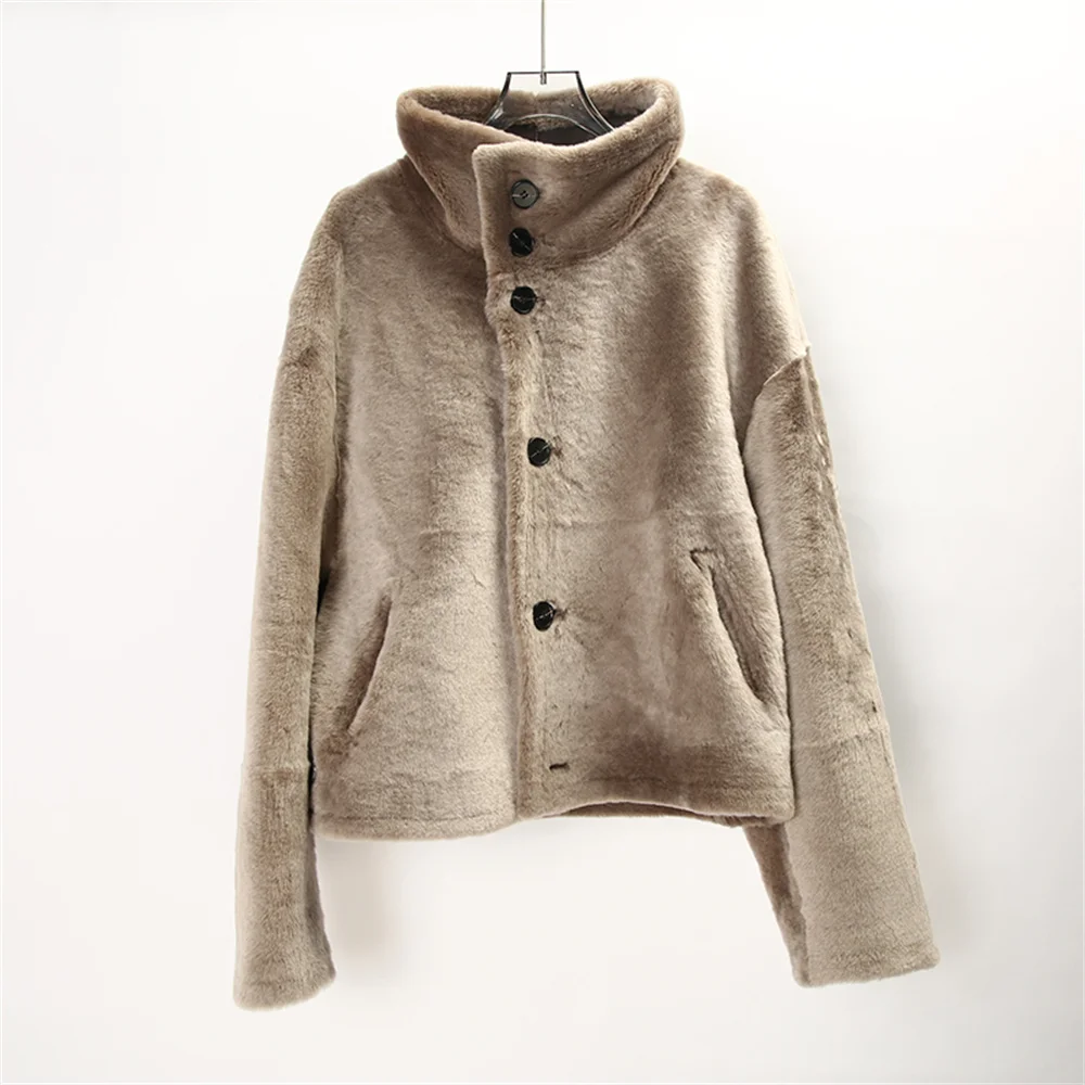 2024 New Australia Merino Sheepskin Fur Shearling Women Short Mandarin Collar Gray Khaki Real Fur Coat