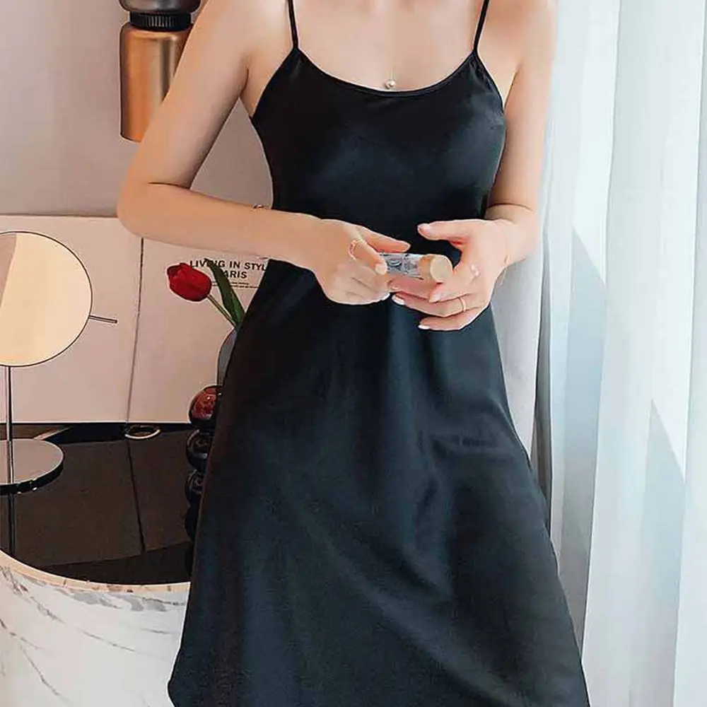 Sexy Summer Solid Color Female Homewear Pyjamas Ice Silk Suspender  Nightdress Women Sleepwear Sling Nightdress