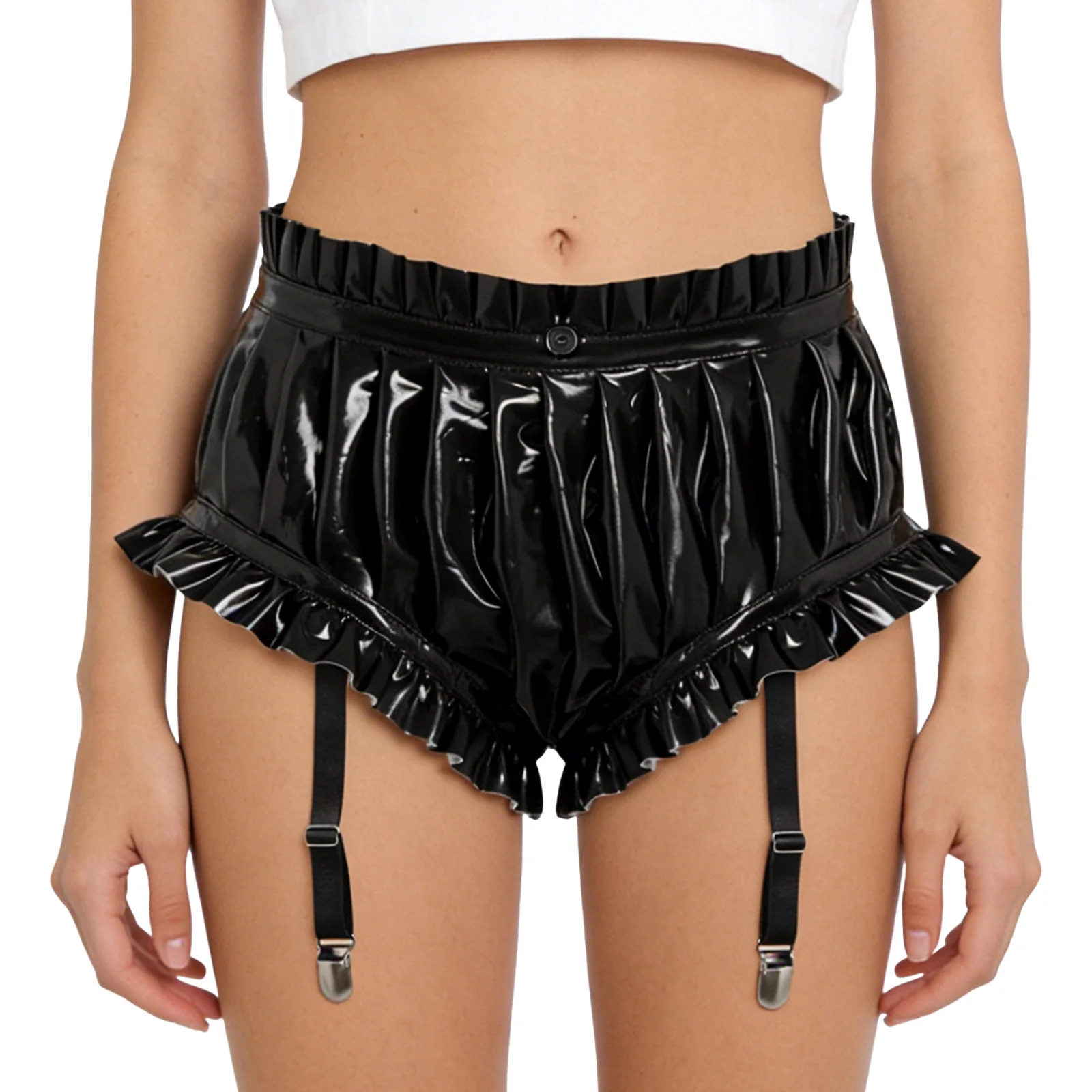 Womens Wet Look PU Leather Boxer Shorts Hot Pants Ruffled Trim Ruched Bloomer Shorts with Garter Clips for Nightclub Rave Party