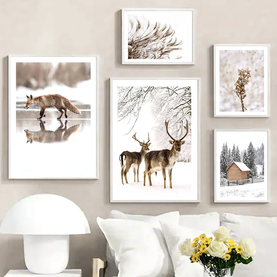 Nordic Winter Snow Deer Forest Reed Wood Wall Art Canvas Painting Posters and Prints Wall Pictures for Living Room Winter Dec