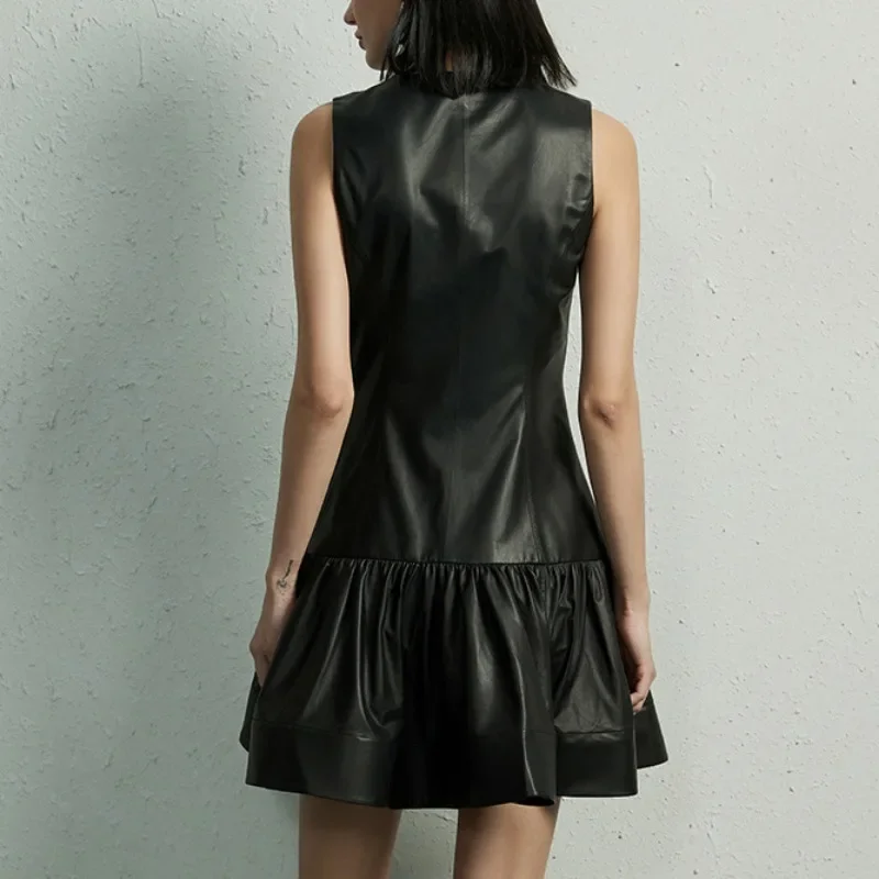 Genuine Leather Dress with Round Neck and Sleeveless Pleated A-line Sheepskin Pullover Dress