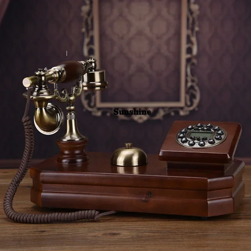Wooden Retro Desk Phone Vintage Single Landline Telephone with Push Button Numbers, Caller ID, Decoration Telephone for Home