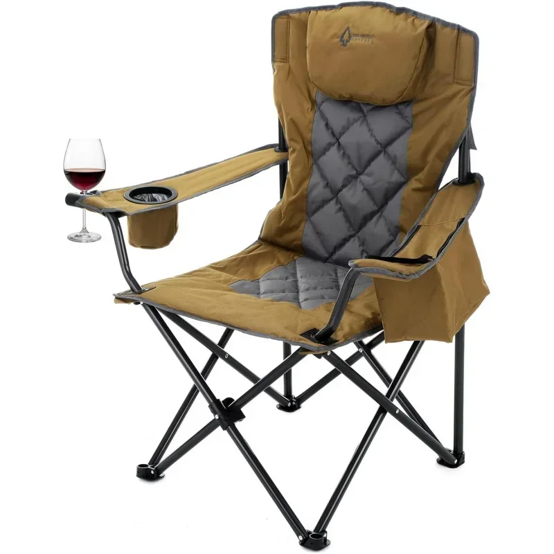 Portable Folding Camping Quad Chair w/ 6-Can Cooler, Cup & Wine Glass Holders, Heavy-Duty Carrying Bag, Padded Armrests, Headres