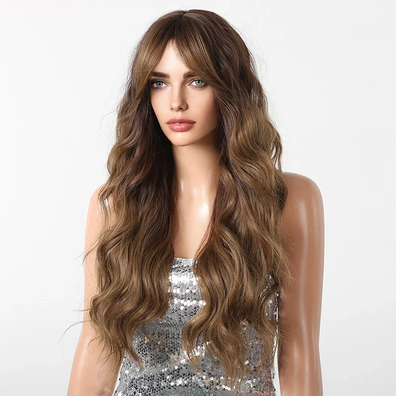 Распродажа: 26-дюймовый волнистый синтетический парик с градиентом коричневых натуральных вьющихся волос, идеально подходит для женских повседневных вечеринок