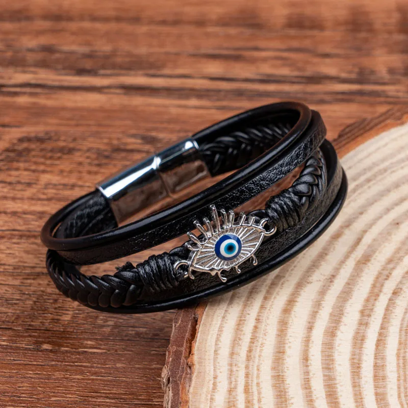 Retro Men's Evil Eye Leather Bracelet Multi-Layer Braided Cuff Braclets Lucky Protective Hand Jewelry Daily Wear Accessories