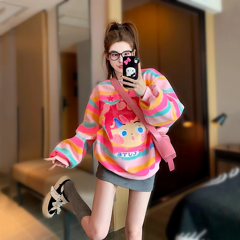 S-3XL Kawaii Young Girl Casual Long Sleeve Women's Hoodie Fashion Stripe Printing Round Neck Loose Pullover Tops Women SL120