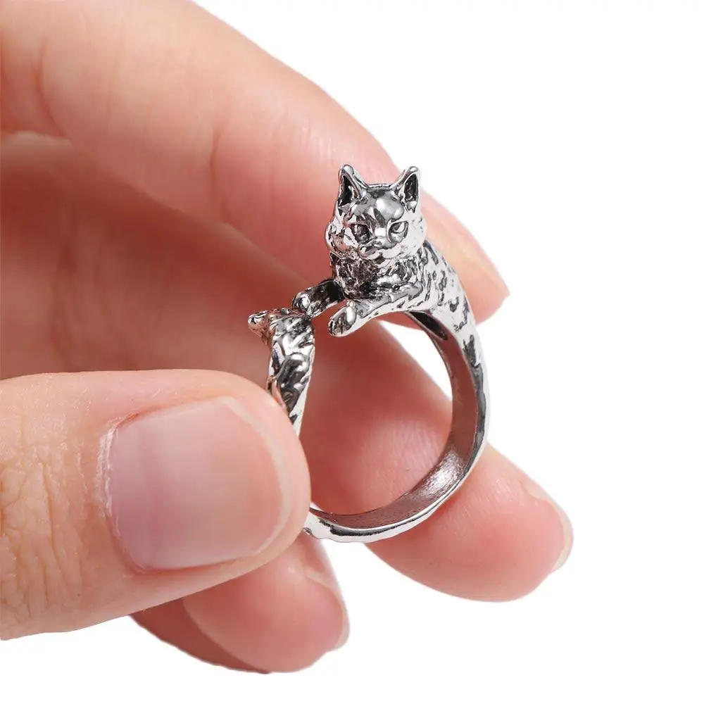 Vintage Kitty Cat Opening Rings Dark Alloy Cartoon Animal Delicate Rings Personality Adjustable Cat Shape Ring