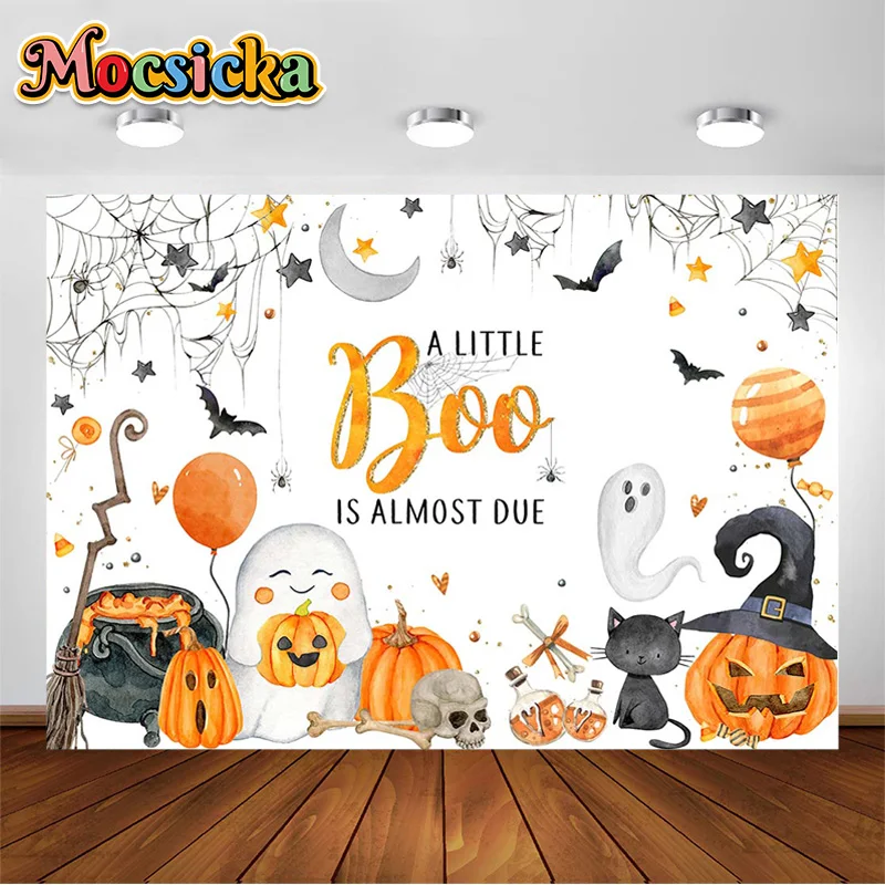 

Halloween Background A Little BQQ is Almost Due Pumpkin Ghost Black Cat Skull Bat Decoration Backdrop Newborn Photography Studio