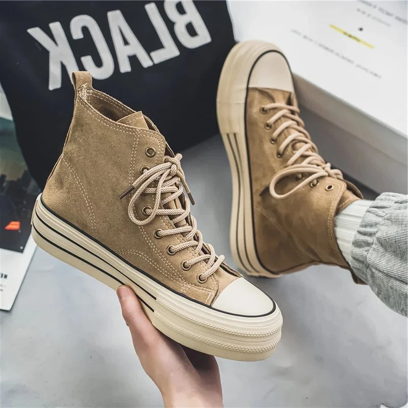 

Mens Vulcanized Vintage Brown Couples Casual Sneakers Comfort Suede Thick Sole Men's Shoes Trend Lace-up High Top Shoes