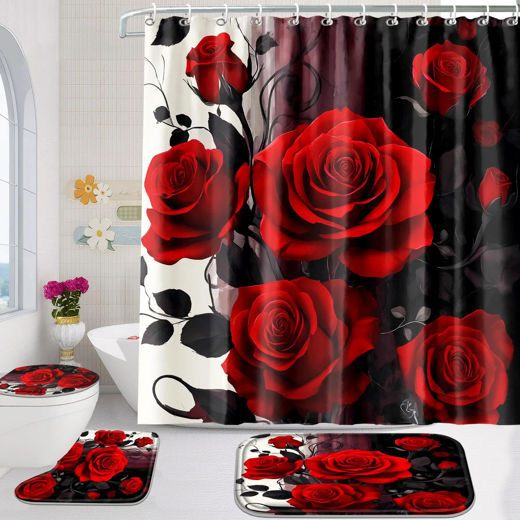 4 Pcs Shower Curtain Set, Rose Bathroom Set,Romantic Shower Curtain Sets with Rugs(Bath Mat,U Shape and Toilet Lid Cover Mat)