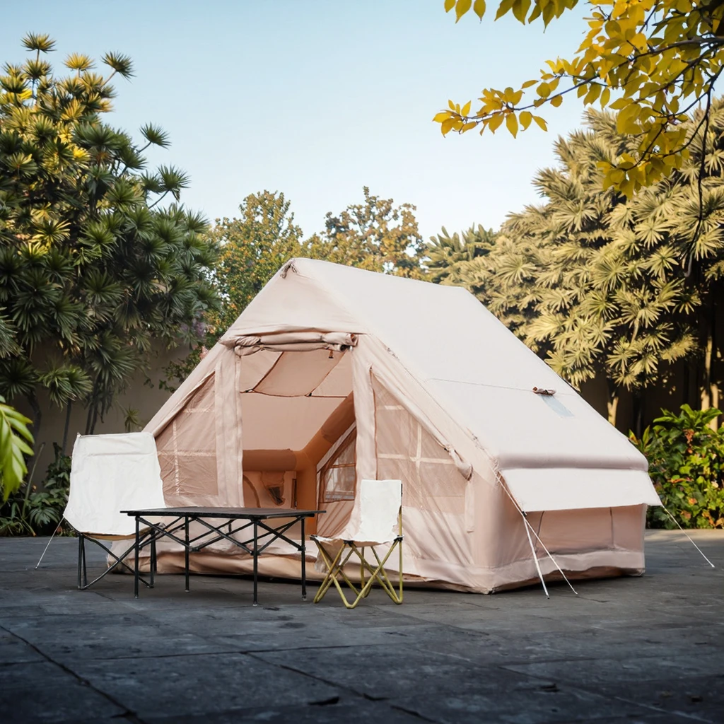 Inflatable Waterproof Windproof 4 Seasons Oxford Air Tent for Camping Easy Setup Hand Pump Mesh Chimney Window Comfortable Tent