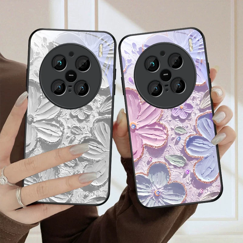 Cream Garden Flower Realm For vivo X100 X70 X90 Pro+ X80 X200 Promini V29 V23 V30 V25 V40SE V21 V25E V23e Black Glass Phone Case view 4