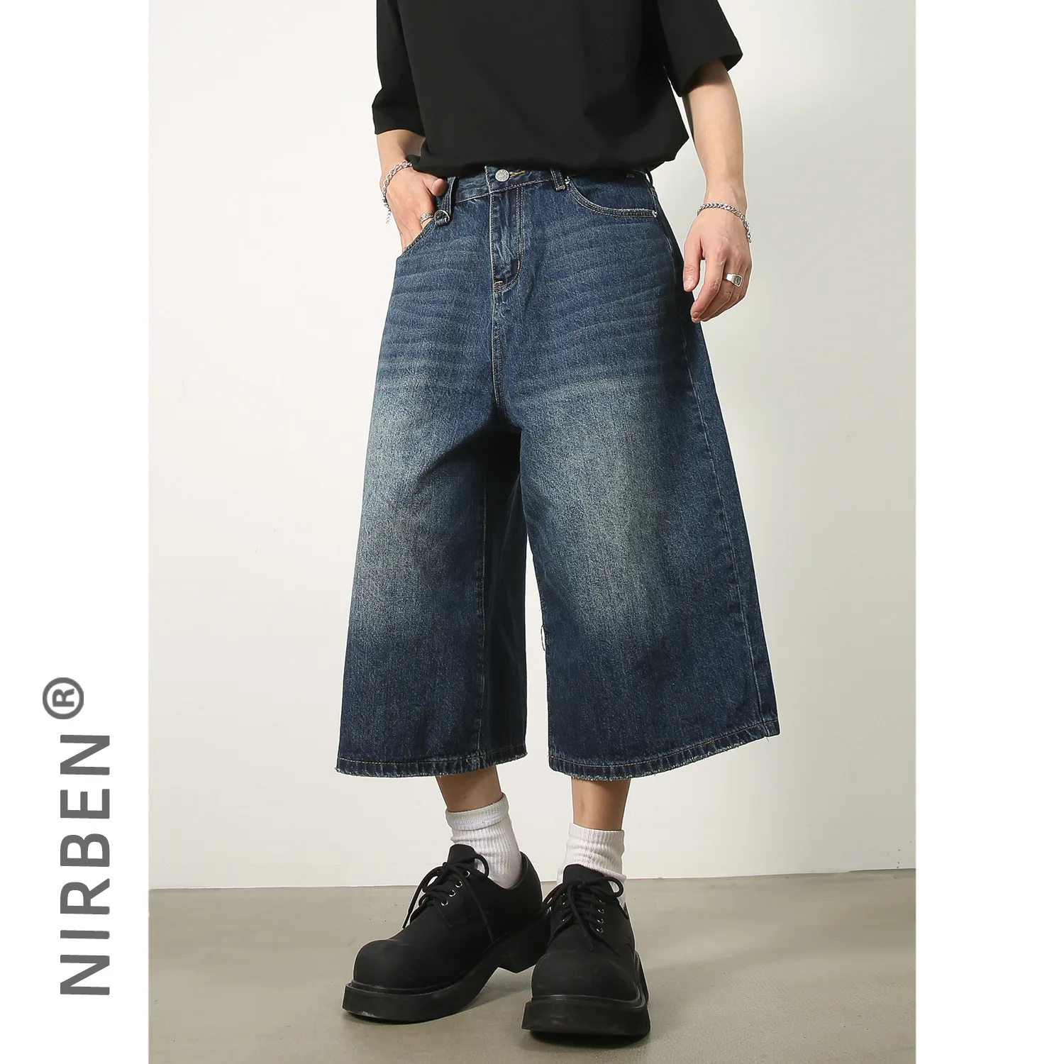 Man Cropped Jeans 2026 Men Loose Oversized Washed Vintage Distressed Straight Denim Shorts Summer 7-Point Relaxed Denim Trousers