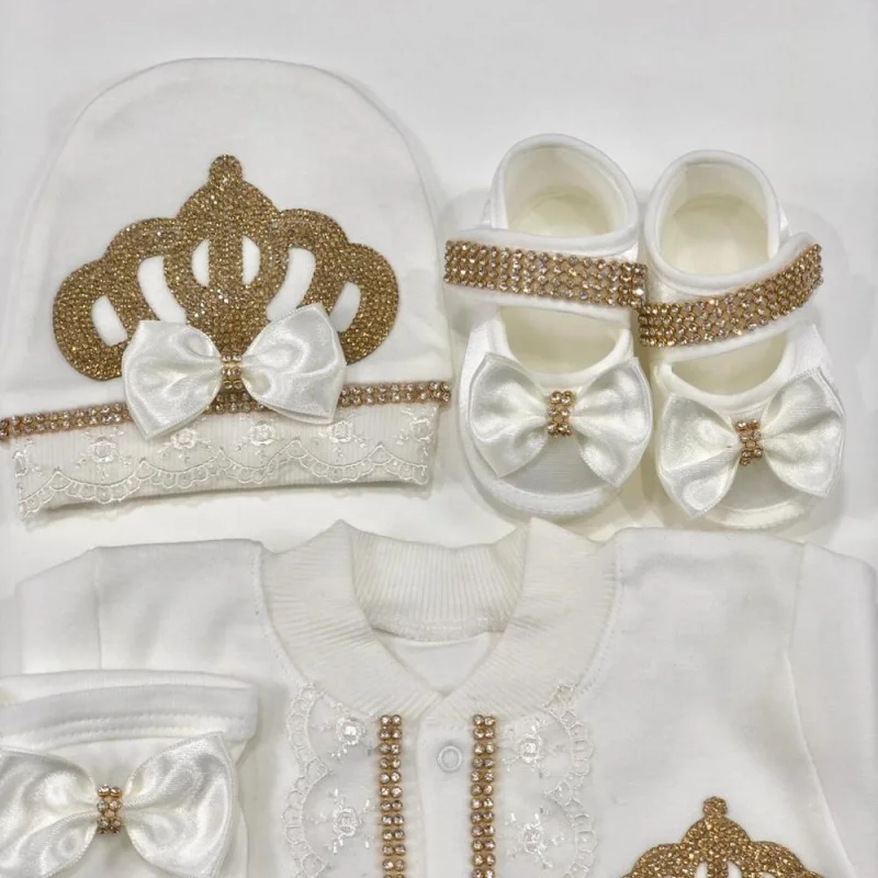 Lace Trim Satin Bow Baby Footed Romper Newborn 0-9 Months 4Pcs All White Gold Rhinestone Crown Royal Jumpsuit Gift