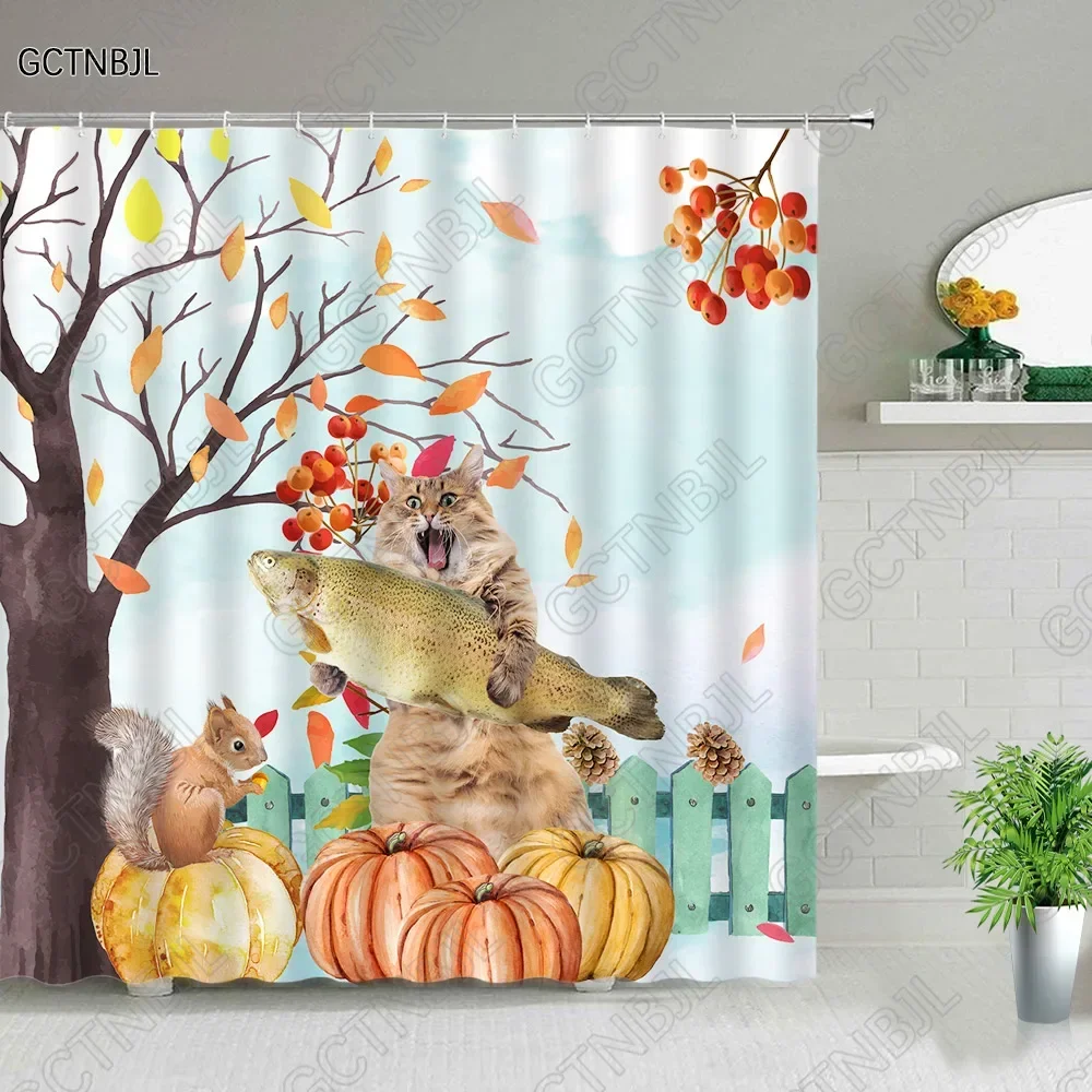 Red Maple Deciduous Leaves Shower Curtains Autumn Scenery Cute Cat Pumpkin Fall Natural Landscape Bathroom Decor Fabric Curtains