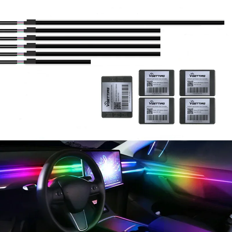 18 in 1 Car Ambient Light 64 Color Acrylic Strips Bluetooth App Control 110cm 90cm 75cm 35cm 20cm Full Colors RGB Car Interior
