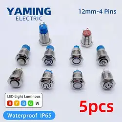 12mm Metal Push Button Switch Momentary/Latching Waterproof 4 Pins LED Bulb Night Light Flat/High Round Self-locking Reset Type