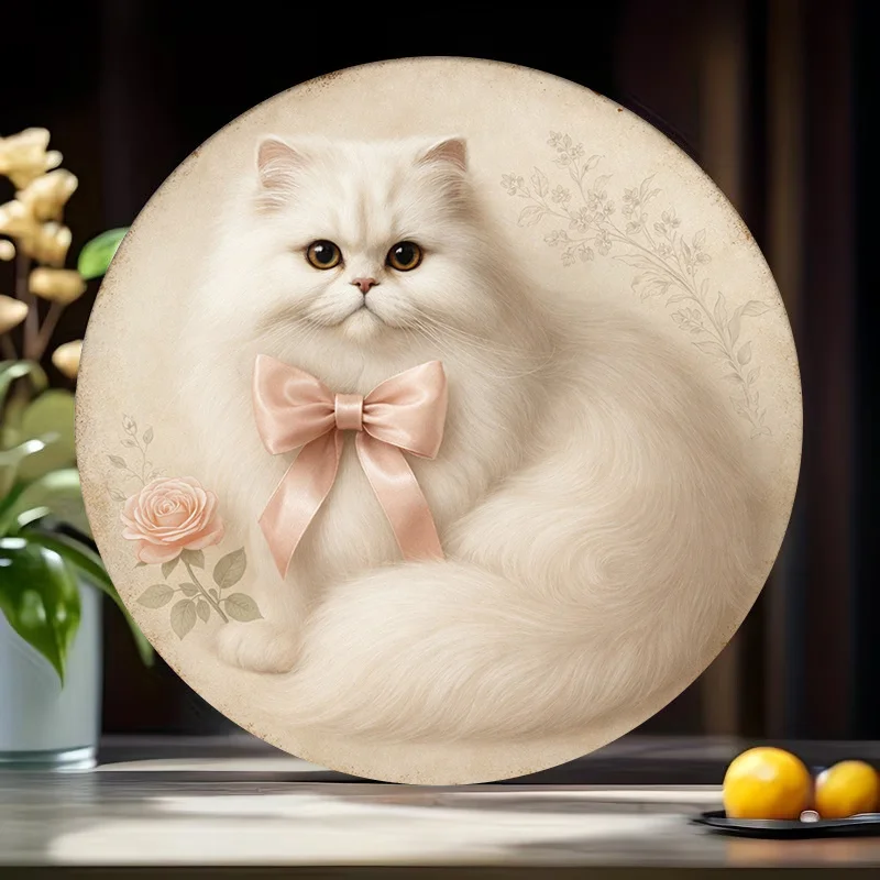 2D Flat, [2D Flat] 2D Flat Print 1pc Metal Iron Sign 2D Flat 1pc Cute Persian Cat Bow Pattern Metal Sign Round Decorative Paing,