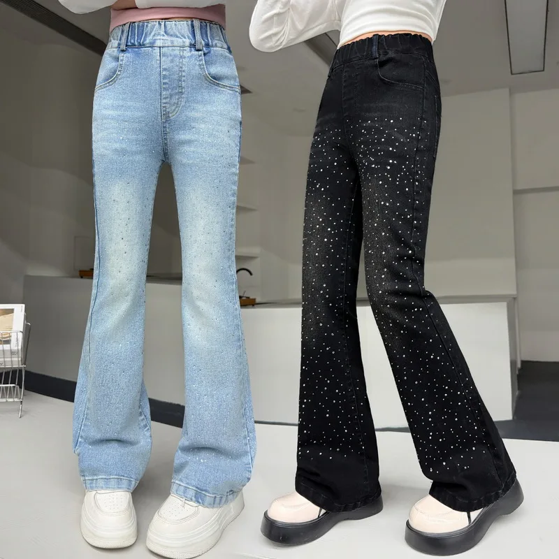 New Kids Teenager Spring Autumn Flare Jeans with Rhinestone for Tween Girls Fashion Casual Bootcut Denim Pants Children Trousers