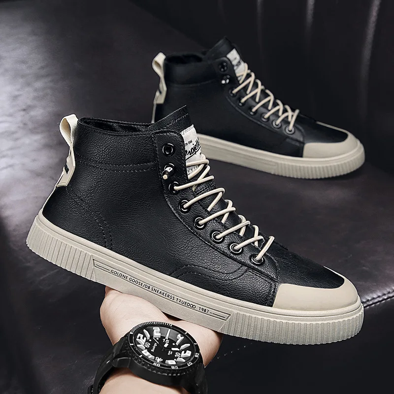 Leather High Top Shoes for Men Casual Shoes Spring Autumn Fashion Splicing Lace Up Vulcanized Shoes Skate Male Sneakers 2023 New