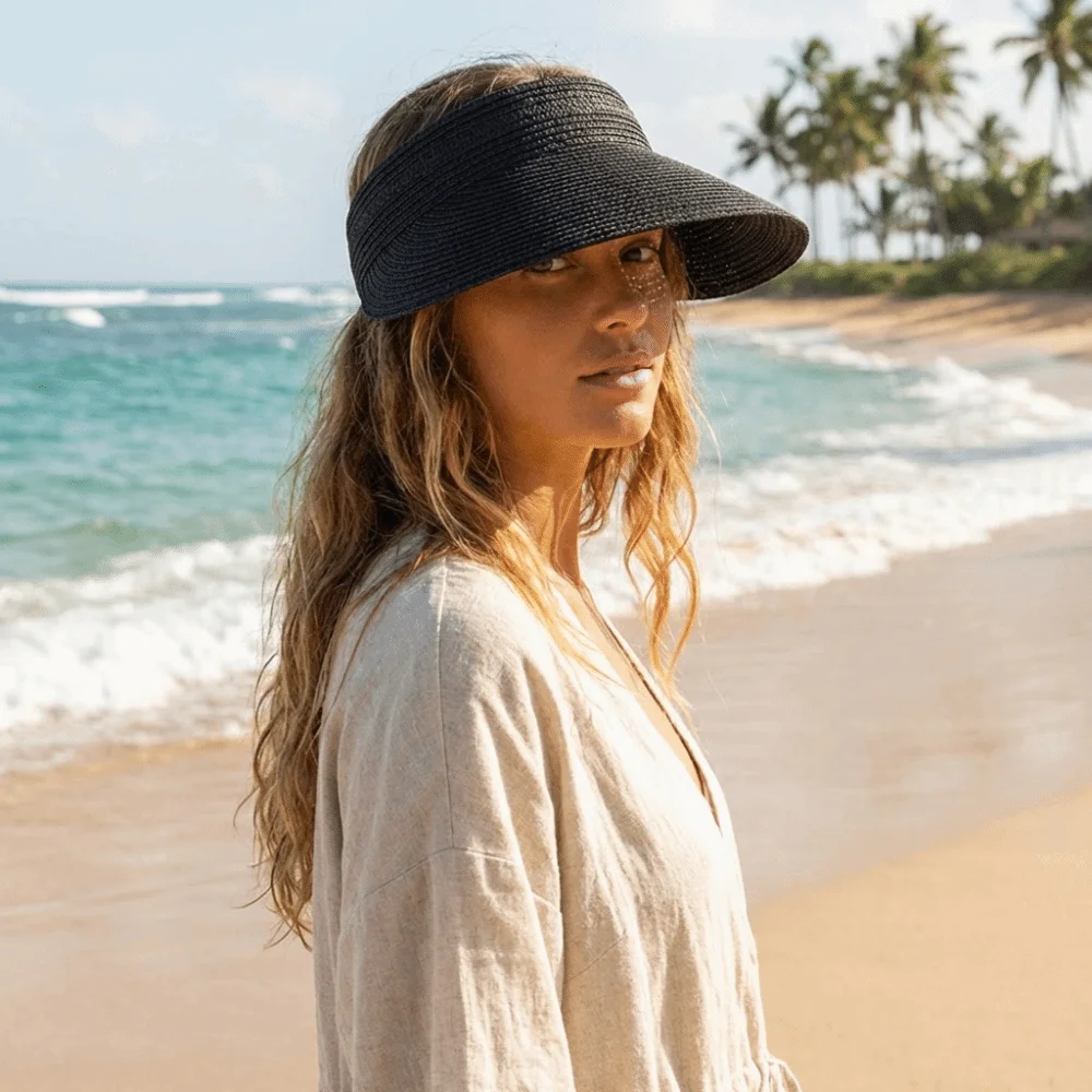 Simple Solid Color Straw Sun Cap Adjustable Breathable Summer Visors Hat Empty Top Hat Ponytail Cap Wide Brim Beach Hat Summer