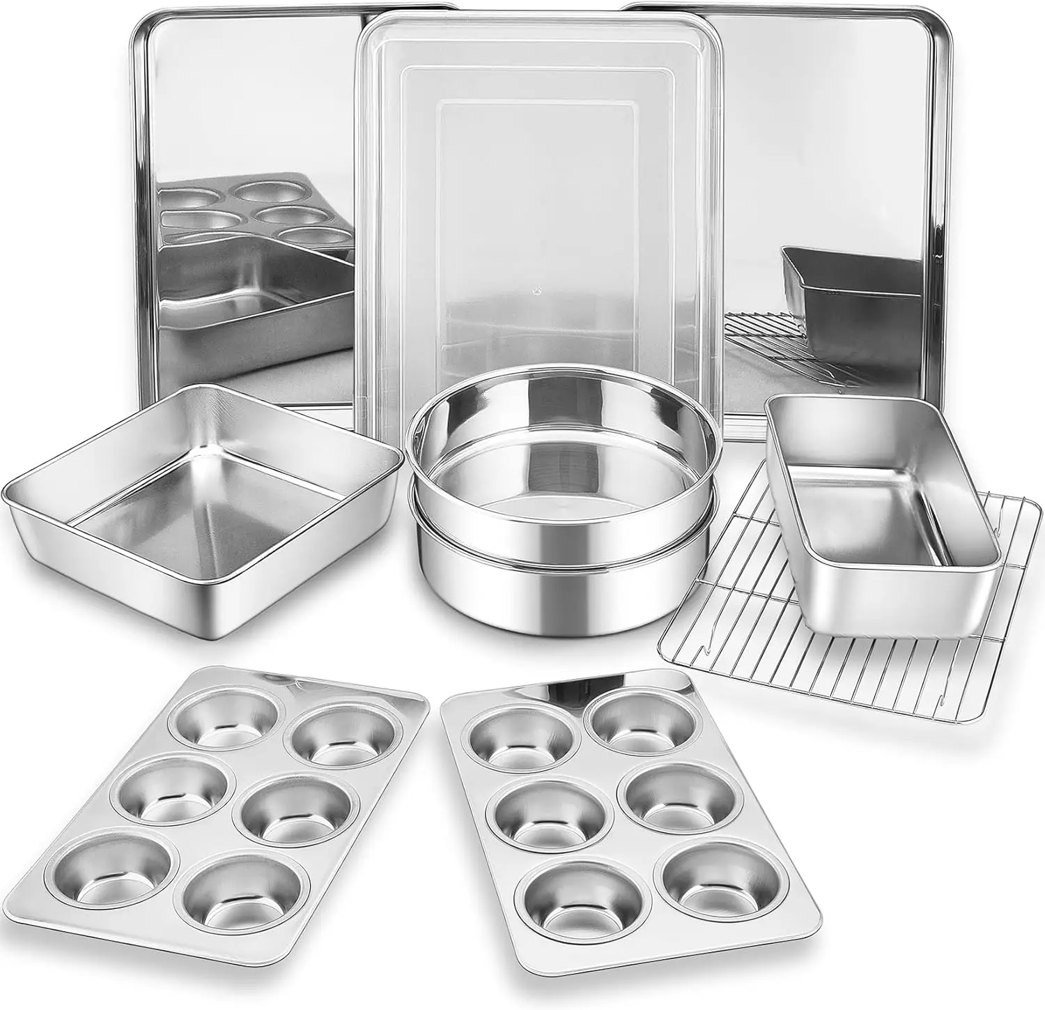 

11-Piece Stainless Steel Baking Set: Includes Baking Sheets, Lasagna Pan with Lid, Cake & Muffin Pans, Loaf Pan, Reusable & Durable