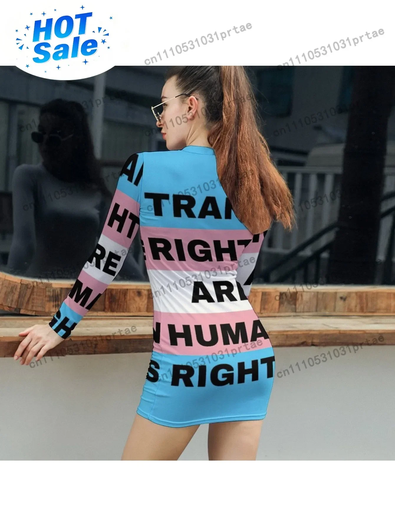 This Is a Trendy Mini Dress Featuring a 3D Digital Print That Advocates for Trans Rights, Designed for a Slim Fit And Suitable f