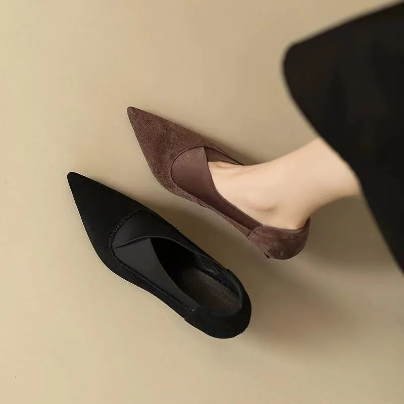 Women\'s Thin Heel Shoes Autumn New Pointed Mid-mouth Suede Slip-on Low-top Shoes with Anti-slip and Wear-resistant Temperament