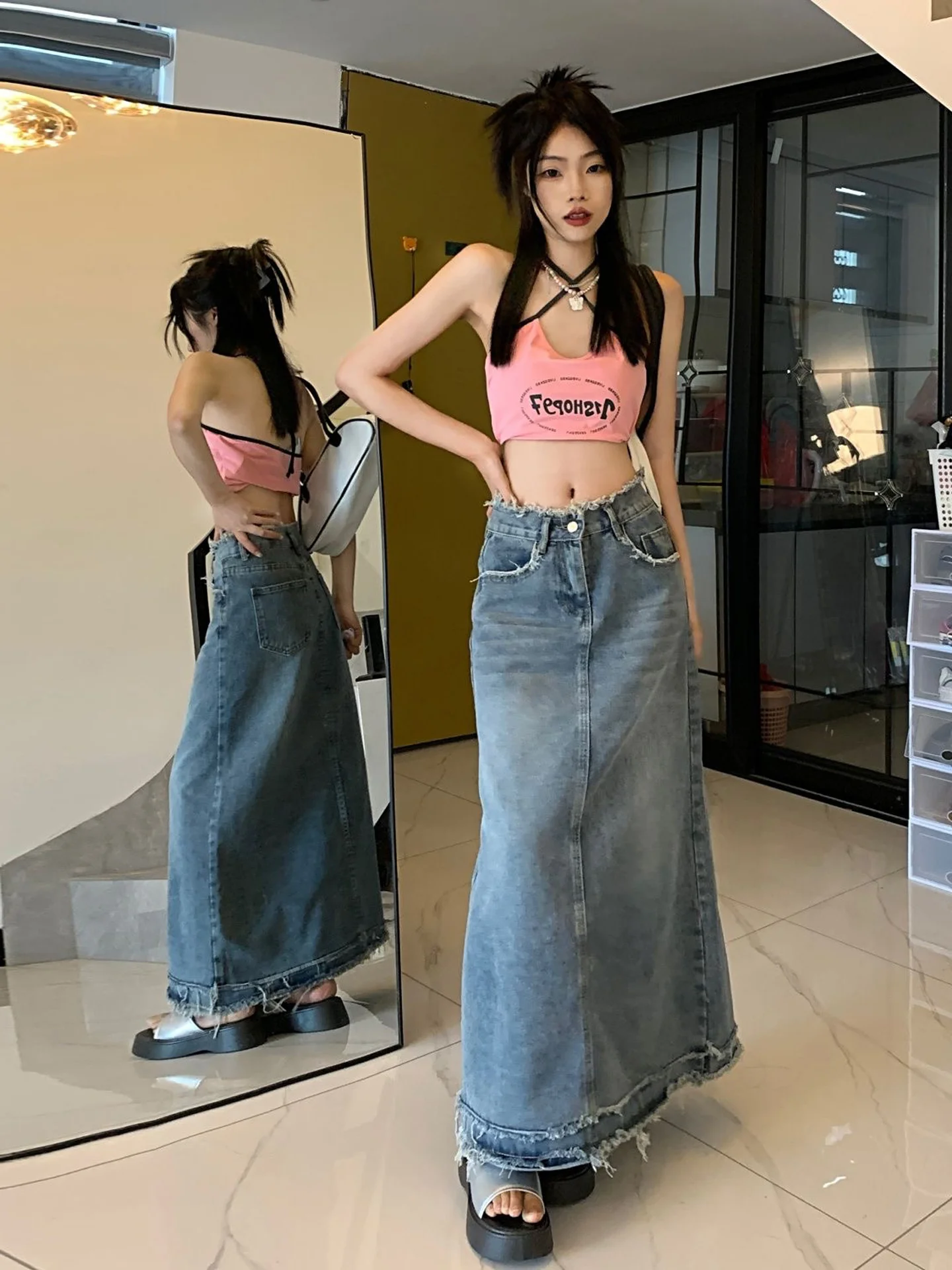 High Waist Denim  Skirt for Women Frayed Hem Vintage Style Simple Pear Shaped Body Design Versatile Long Skirt