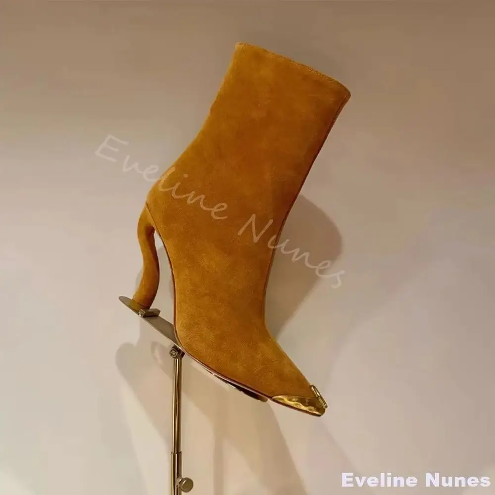 

Metal Pointed Toe Suede Ankle Boots Women Orange/blue Leather Shaped Heel Side Zipper Stretch Boots 2026 Fashion New Short Boots