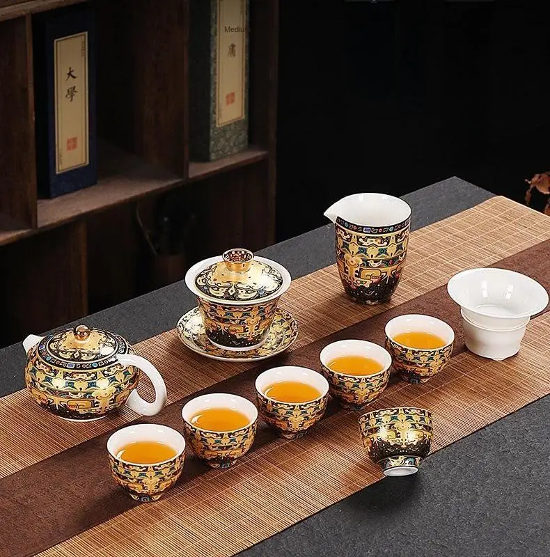 Hängendes Teeservice, Fengming-Teekanne, komplettes Set mit spiralförmigem Deckel, Emaille-Teeset in Geschenkbox