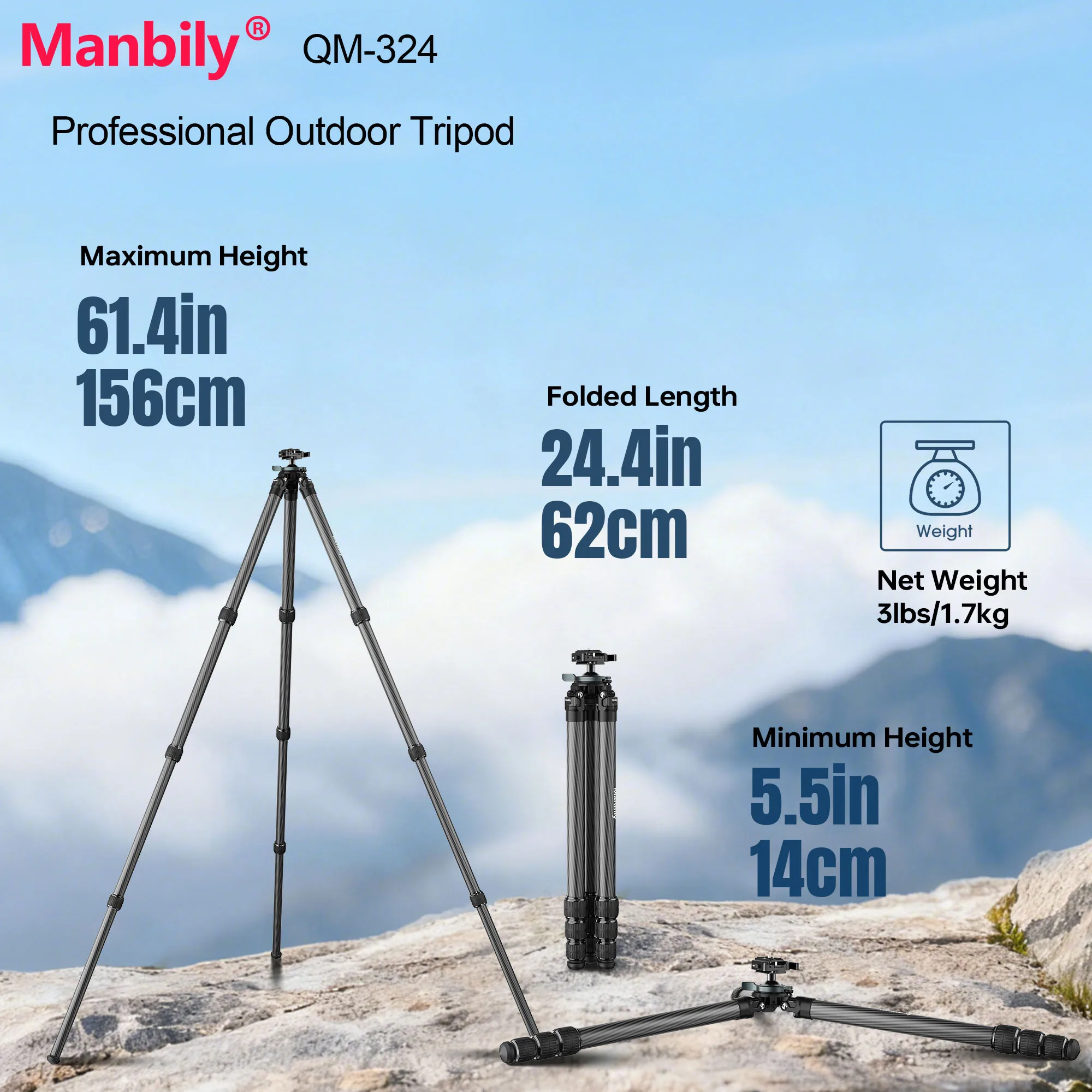 Manbily QM-324PA Carbon Fiber Professional Outdoor Photographic Tripod 32mm Tube Hunting Tripod with Arca-Swiss Max.Load 20kg