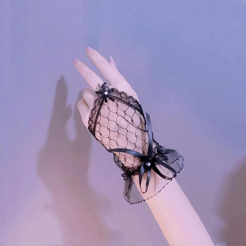 Gothic Short Black Gloves Female Harajuku Lace Bridal Wedding Halloween Lolita Dress Net Gauze Bow Hand Sleeve Fishnet Gloves