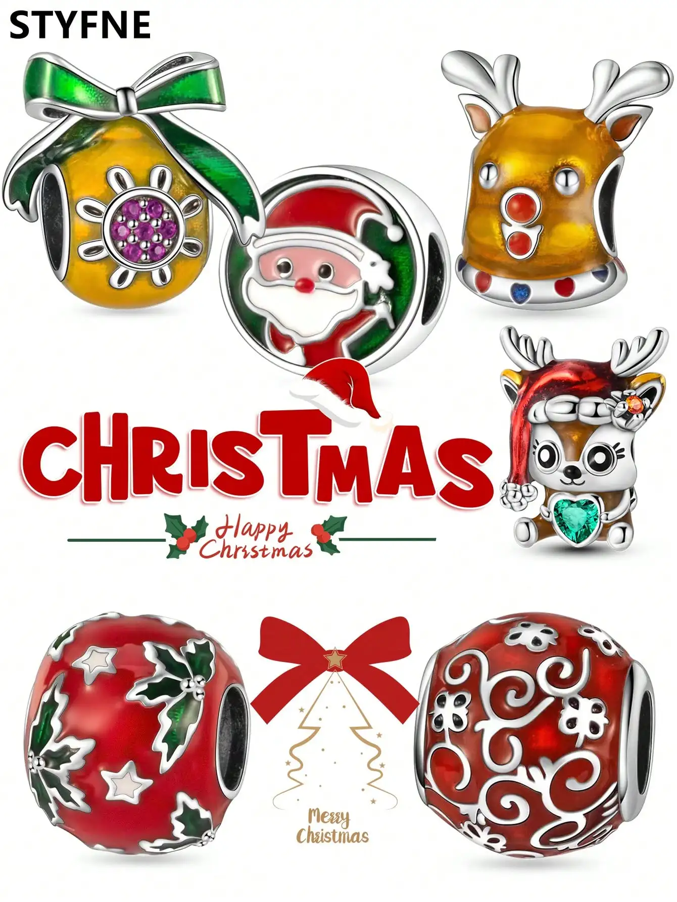 925er Silber vergoldet, Original-Charms, Weihnachtsmann, Weihnachtsbaum, Perlen für Armbänder, Damenschmuck, Geschenk