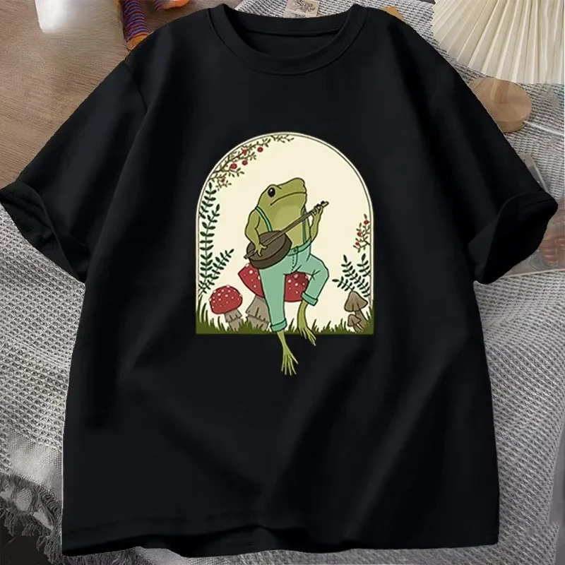 Cute Cottagecore T-shirts Aesthetic Frog Mushroom Print T Shirt Men Women Summer Short Sleeve Tee Shirt Mens Clothes