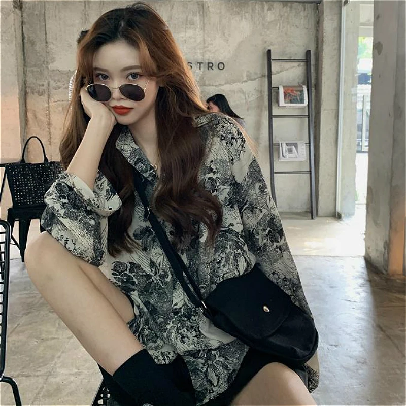 Shirts Women Vintage Chic BF High Street Harajuku Print Teens Clothes All-match Popular Casual Long Sleeve Ladies Sun-proof Top