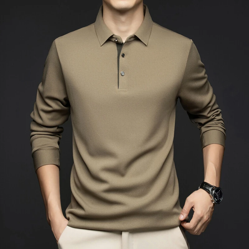 Versatile Loose Long Sleeves T-shirt  Everyday Wear. Elegant Solid Color Men's Business Casual Polo Shirt, Stretch M-3XL