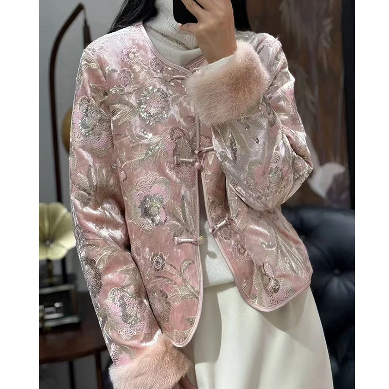 High End O-Neck Exquisite Embroidery Cuff Splicing Mink Hair +Silk Lining Top 2024 Winter New White Duck Down Jacket Female S-XL