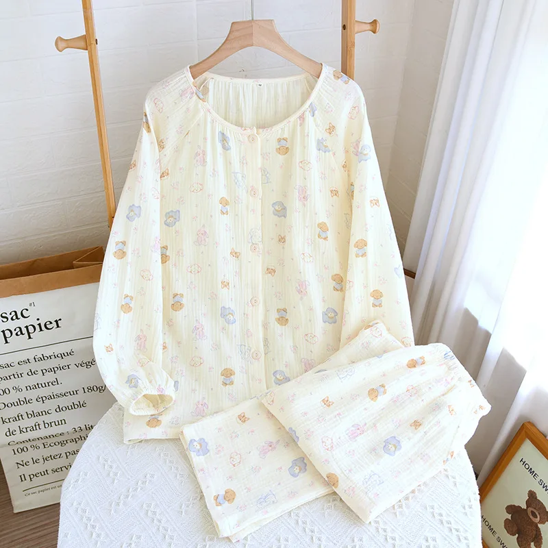 

Spring and Autumn Long Sleeve Long Pants Cardigan Cute Sweet Style Simple Casual Comfortable Home Wear Pijamas Women ﻿