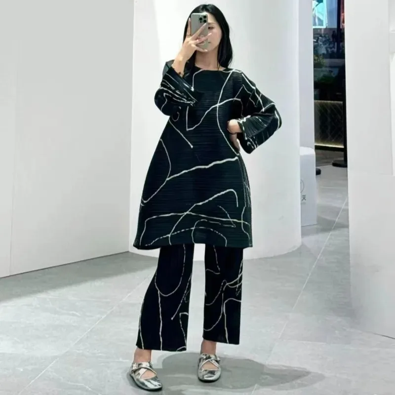 Geplooide lange topjurk voor dames Miyake 2025 herfst beperkte eenvoudige losse rechte broek pak mode commuter Japanse dames