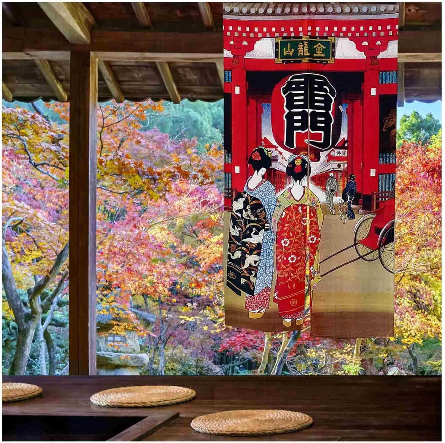 Japanese Tokyo Kaminarimon Door Curtain, Vintage Ukiyo-e Maiko & Asakusa Scene Print, Traditional Japanese Decor Room Divider