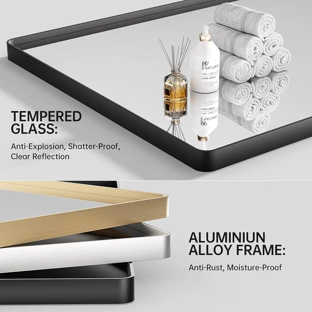 2 PCS Large Wall Mounted Bathroom Mirror High Definition Reflection Aluminum Frame Easy Installation Home Decoration