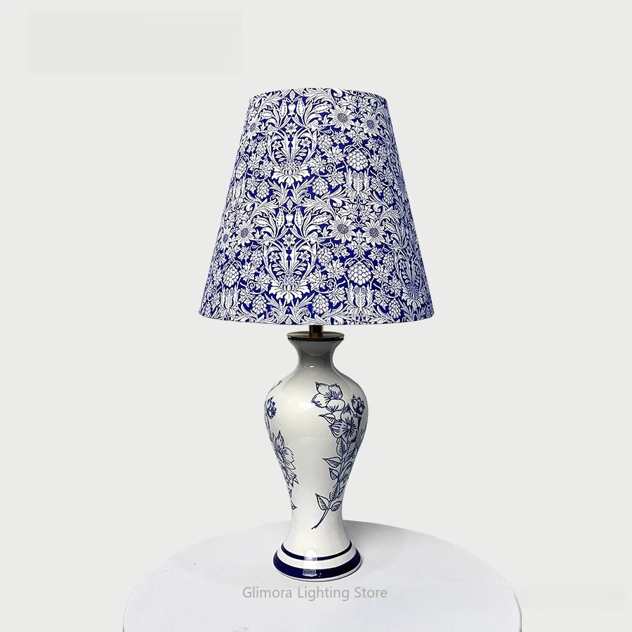 Blue White Floral Table Lamp: UK Liberty Fabric with Creative Design, British Imported Floral Textile & Elegant Decor Gif
