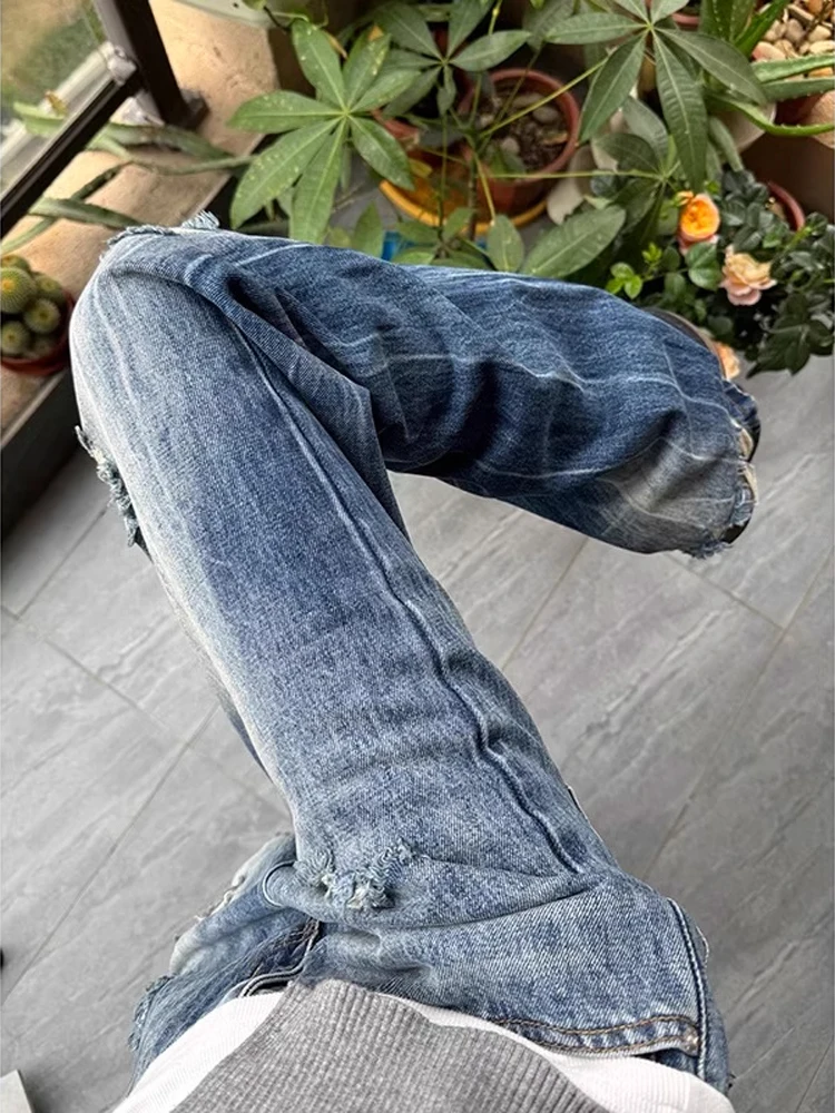 

Голубые винтажные рваные джинсы с завышенной талией, мужские весенние новые свободные повседневные модные прямые брюки из дышащего полиэфирного волокна