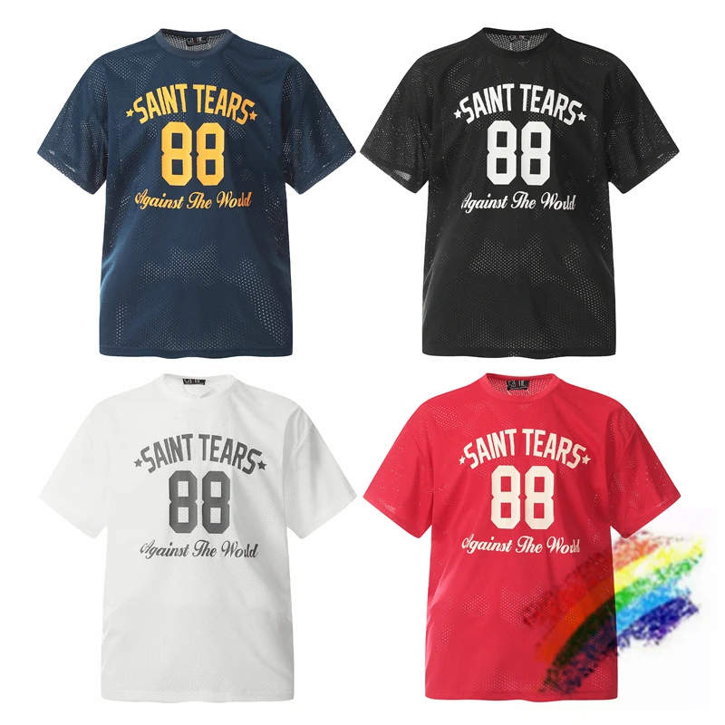 Mesh SAINT TEARS T-shirt Men Women 1:1 Best Quality Red Black White Blue Vintage T Shirt Top Tees