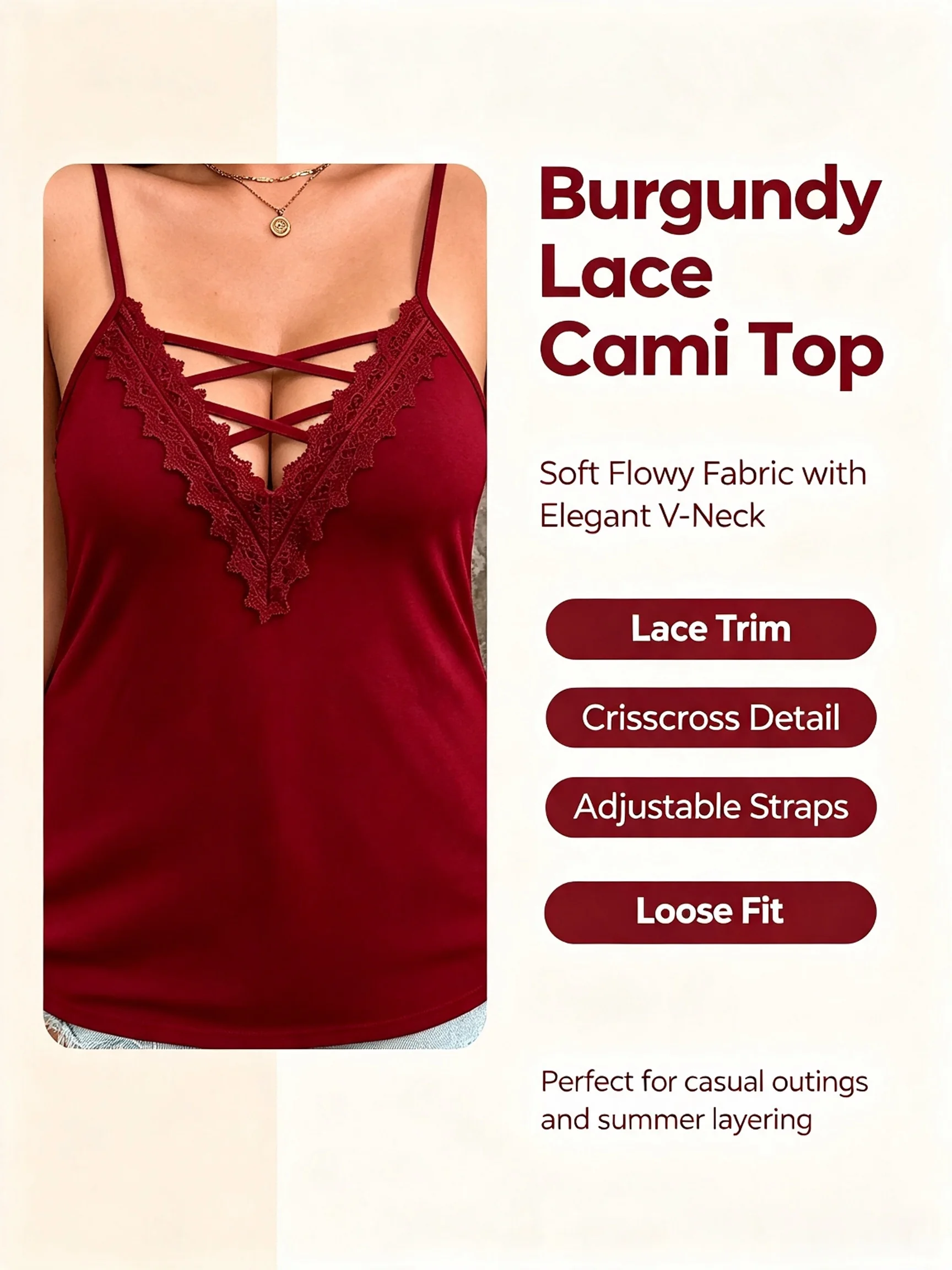 Damen Plus Size Spitzenbesatz Crisscross V-Ausschnitt Cami-Top Verstellbare Spaghettiträger A-Linie Lässiges Ärmelloses Tanktop – Detail 2