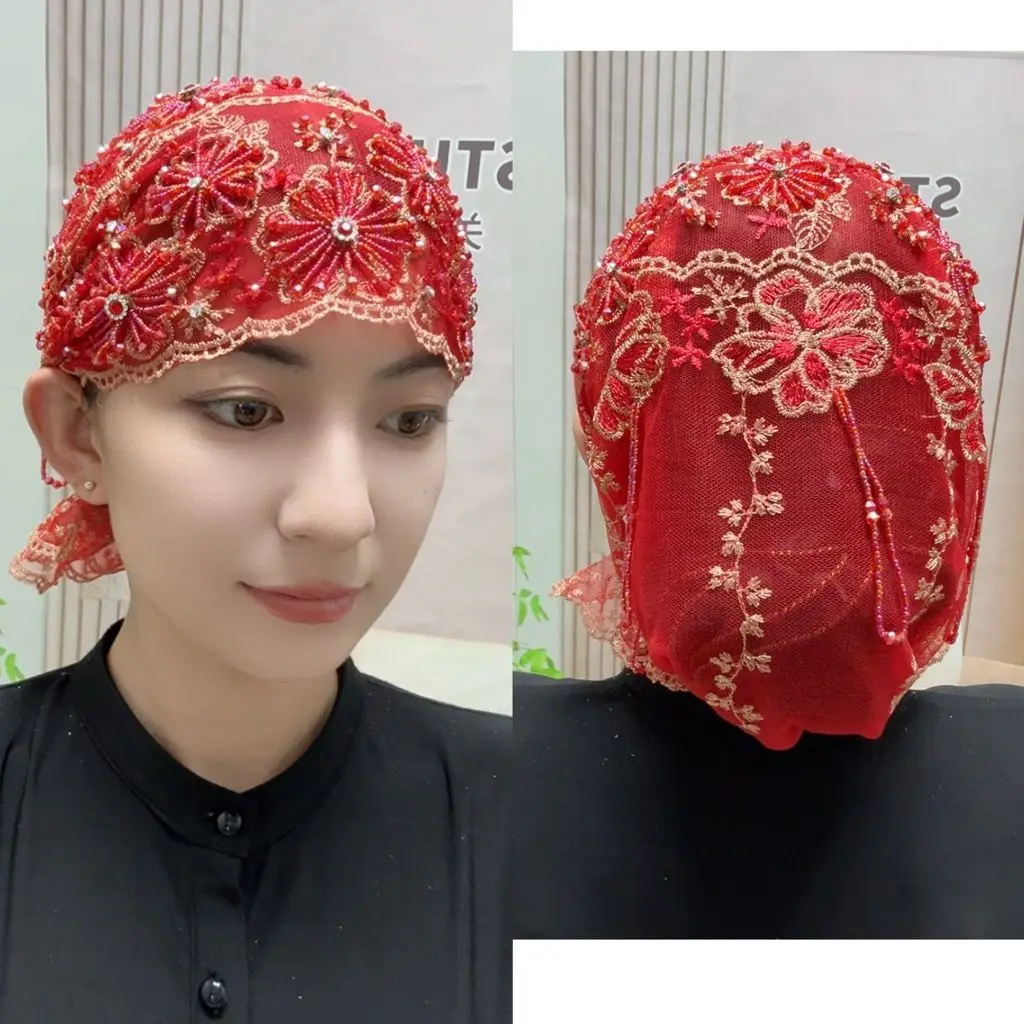 Luxury Women's Black Hijabs Mesh Fabric Bead Hat with Diamond Double Layer Embroidered All-match Shawl Hats Gorgeous Party
