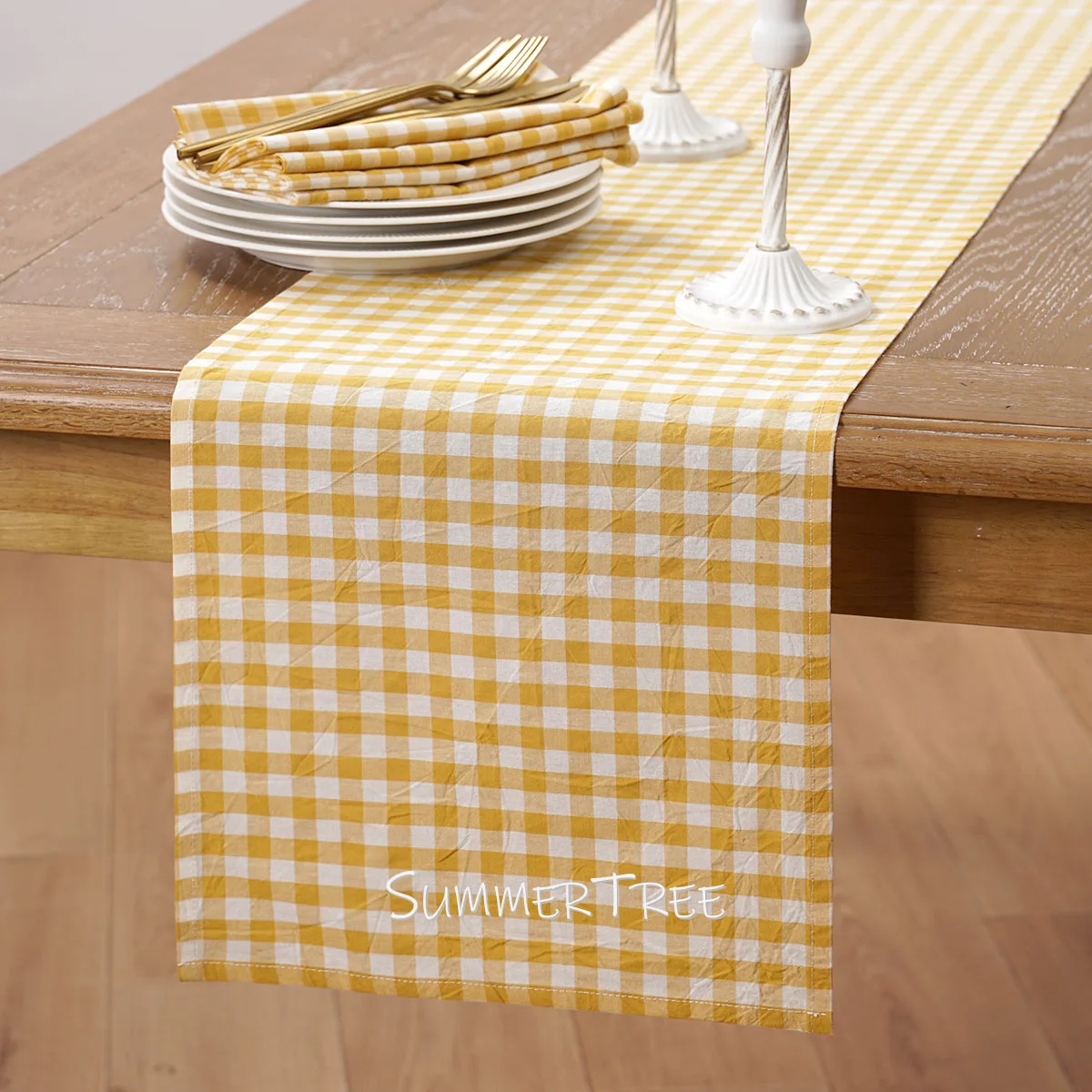 Farmhouse Gingham Plaid Cotton Table Runner Washable Rustic Check Table Linens Decor for Kitchen Dining Wedding Banquet Party