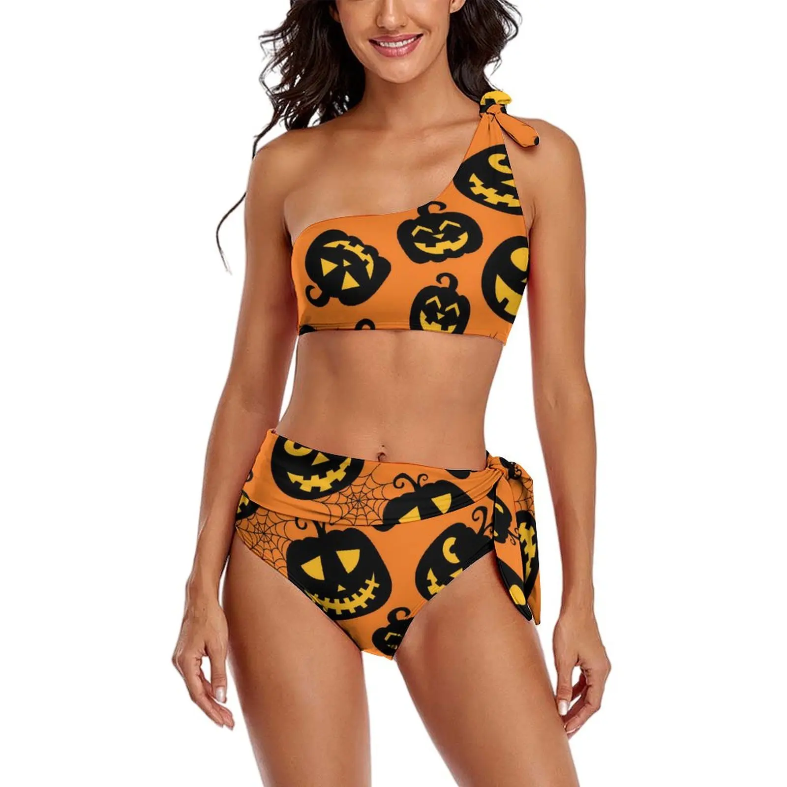 Happy Haunts Bikini Swimsuit Sexy Halloween Pumpkin High Waist Bikinis Set Women Classic Swimwear Beachwear