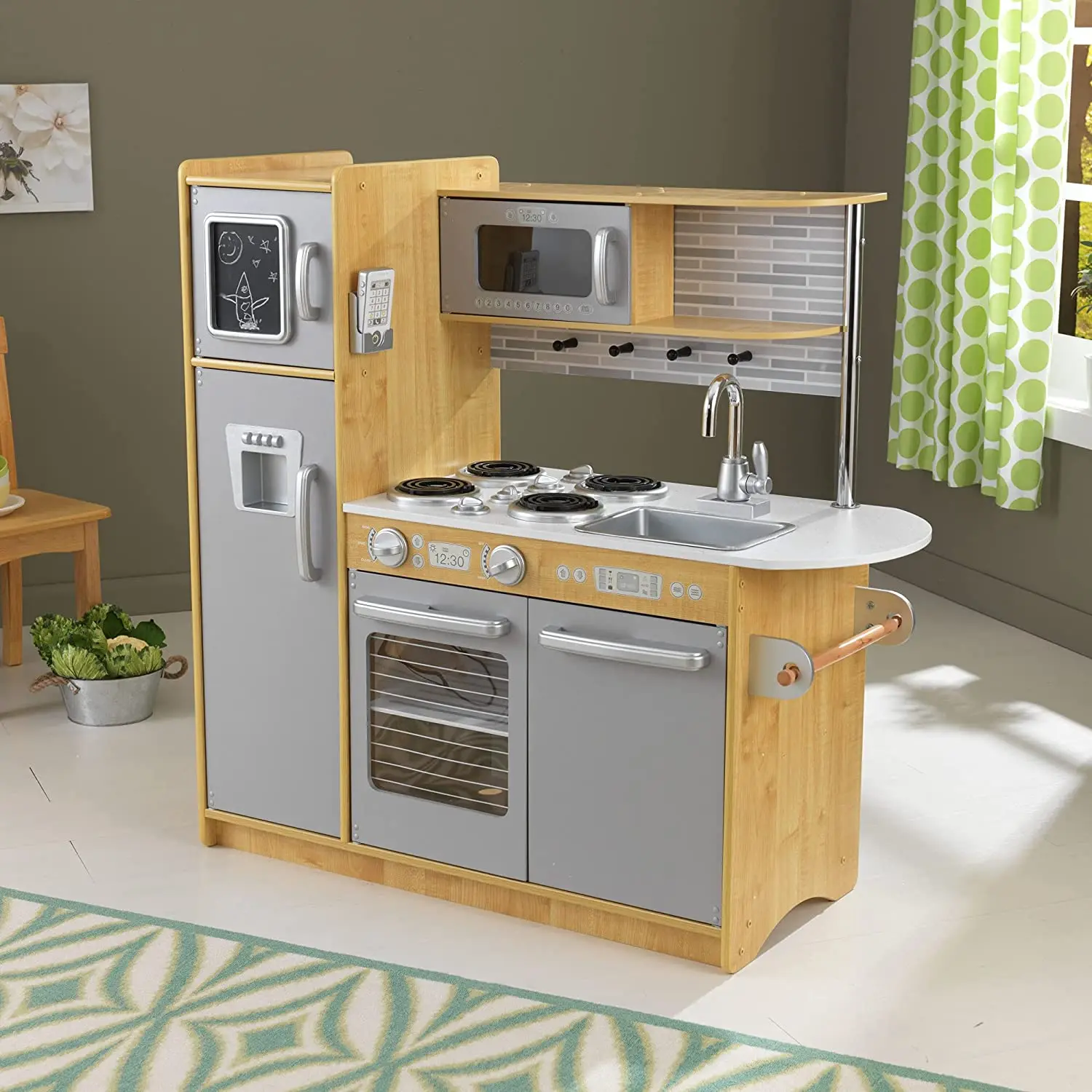 Wooden Kitchen Play Set for Kids Montessori Cooking Toy with Refrigerator Box MDF Construction